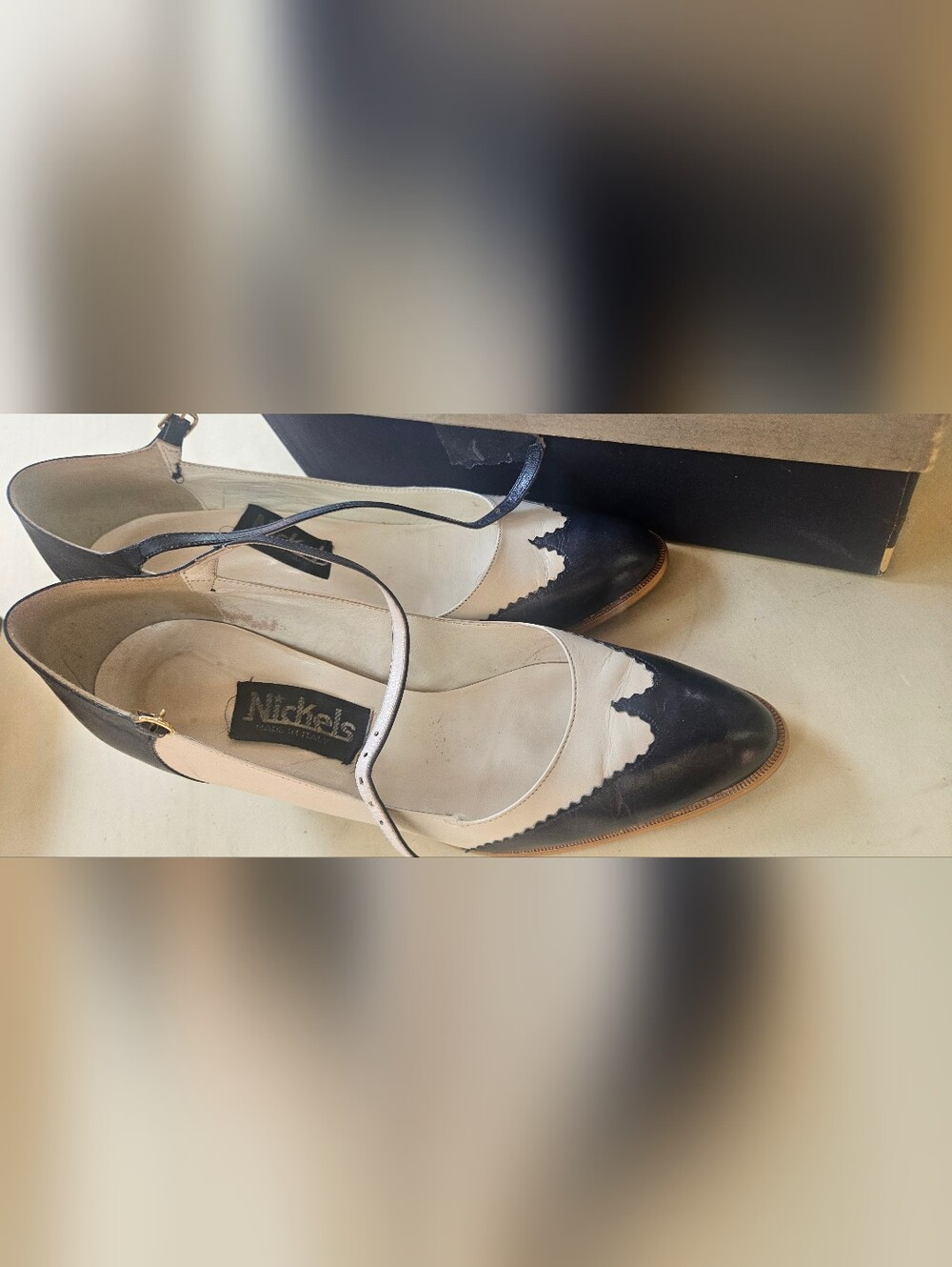 Nickels Black and Cream Pointed Mary Jane Flats with Scalloped Toe